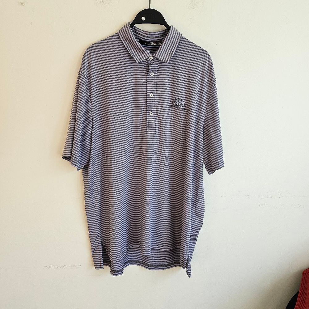 RLX Ralph Lauren Men's Polo XL Gray Purple Stripe Bella Collina Golf Club Shirt.
